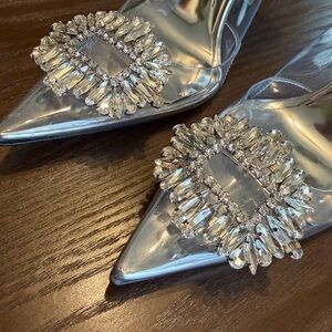 Good American Silver Crystal Buckle Pointed Toe Heels